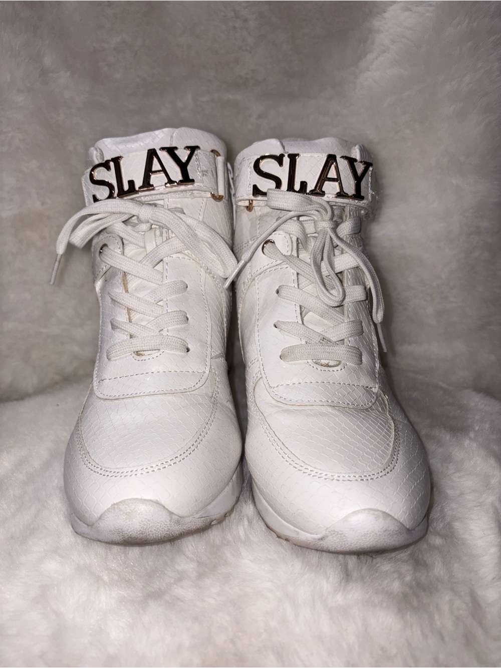 Shoe Dazzle White 'SLAY' High-Top Sneakers